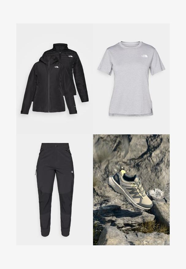 Black two-in-one jacket featuring a waterproof outer layer with a hood and a quilted inner layer. Both layers have zip closures and logos.; Grey short-sleeve t-shirt made of soft, moisture-wicking fabric. Features a crew neck and a small white logo on the upper left.; Black outdoor pants made of durable fabric. Feature zippered pockets, reinforced knee panels, and a straight cut design for mobility.; Columbia trail running shoe in light beige and gray. Mesh upper with textured detailing, rubber outsole, and reflective accents. Lightweight design.