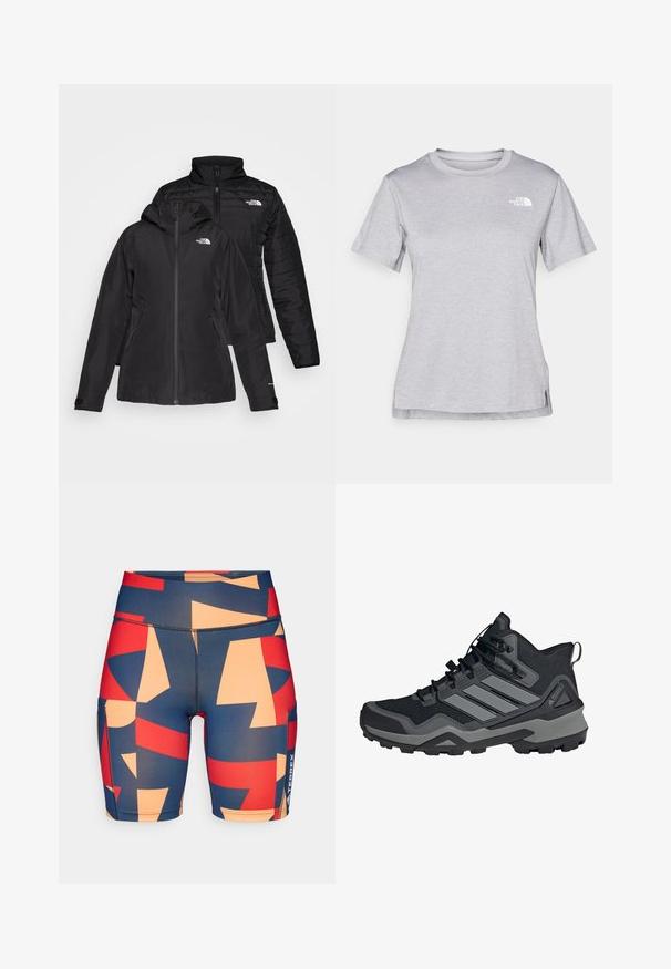 Chaqueta negra dos en uno con una capa exterior impermeable y capucha, y una capa interior acolchada. Ambas capas tienen cierres de cremallera y logotipos.; Camiseta gris de manga corta hecha de una suave tela que absorbe la humedad. Presenta un cuello redondo y un pequeño logotipo blanco en la parte superior izquierda.; Shorts coloridos y con estampados que presentan formas abstractas en tonos azul marino, rojo y melocotón. Fabricados con tejido elástico de textura suave.; Zapato de senderismo negro con acentos grises, parte superior de malla, suela de goma y un sistema de cordones resistente. Presenta paneles texturizados y un diseño de tobillo alto.