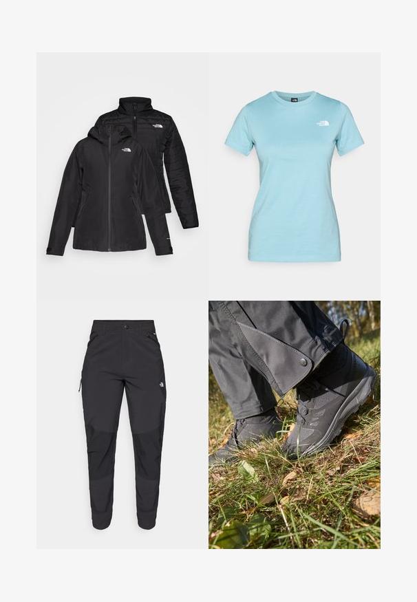 Black two-in-one jacket featuring a waterproof outer layer with a hood and a quilted inner layer. Both layers have zip closures and logos.; Light blue cotton t-shirt with short sleeves and a crew neck; features a small white logo on the upper left chest area.; Black outdoor pants made of durable fabric. Feature zippered pockets, reinforced knee panels, and a straight cut design for mobility.; Black waterproof hiking shoes with textured fabric and rubber soles, alongside gray pants with snap detail, set on grassy ground with leaves.