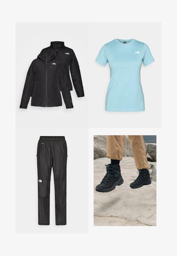 Sort to-i-én jakke med et vandtæt yderlag med hætte og et quiltet inderlag. Begge lag har lynlåslukninger og logoer.; Lyseblå bomulds t-shirt med korte ærmer og rund hals; har et lille hvidt logo på den øverste venstre brystområde.; Sorte vandtætte bukser lavet af letvægtsstof, med elastisk talje, sidelommer og et logo på venstre ben.; Sorte vandrestøvler med tekstureret materiale, robust design, blå detaljer og slidstærke såler, placeret på klippeagtigt terræn.