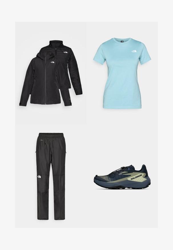 Černá dvoudílná bunda s voděodolnou vnější vrstvou a kapucí a prošívanou vnitřní vrstvou. Obě vrstvy mají zipové uzávěry a loga.; Světle modré bavlněné tričko s krátkým rukávem a kulatým výstřihem; obsahuje malé bílé logo v horní levé části hrudníku.; Černé voděodolné kalhoty vyrobené z lehkého materiálu, mají elastický pas, boční kapsy a logo na levé noze.; Tmavě modrá a olivová trailová běžecká obuv s černou podrážkou, systémem rychlého šněrování a brandingem "SALOMON" na boku.