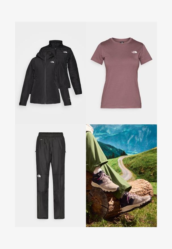 Czarna kurtka 2 w 1 z wodoodporną zewnętrzną warstwą z kapturem oraz pikowaną wewnętrzną warstwą. Obie warstwy mają zapięcia na zamek i logo.; Koszulka z krótkim rękawem, z okrągłym dekoltem w stonowanym odcieniu mauve, wykonana z miękkiej tkaniny z małym białym logo po lewej stronie klatki piersiowej. Gładka struktura.; Czarne wodoodporne spodnie wykonane z lekkiego materiału, z elastycznym pasem, bocznymi kieszeniami i logo na lewym nogawce.; Buty węderskie mają beżową siateczkę, czarne akcenty i różowe sznurówki, nakrapianą białą podeszwę środkową oraz teksturowaną czarną podeszwę zewnętrzną.