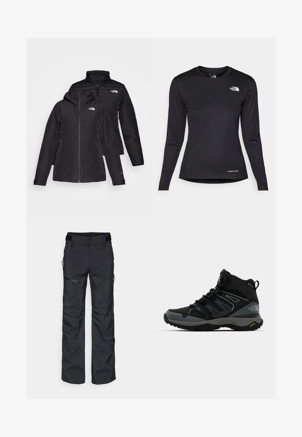 Black two-in-one jacket featuring a waterproof outer layer with a hood and a quilted inner layer. Both layers have zip closures and logos.; The North Face SHADOW LONG SLEEVE - Long sleeved top - black; Black ski pants made of synthetic material, featuring a straight-leg design, zippered pockets, and a velcro adjustable waistband.; Mid-height hiking boot in black and gray. Features a textured upper, reinforced toe, and Vibram outsole for traction. Lightweight design.