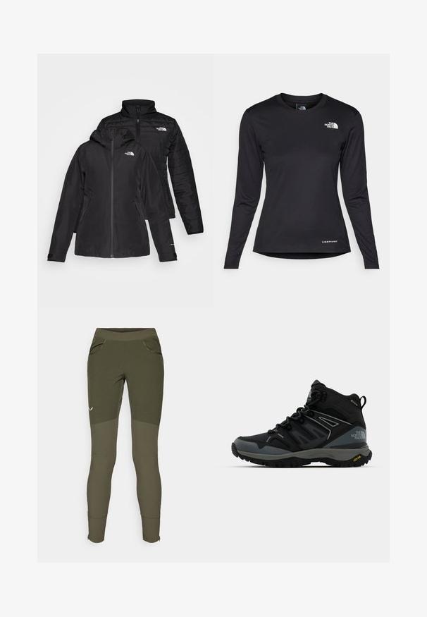 Čierna dvojvrstvová bunda s vodeodolnou vonkajšou vrstvou a kapucňou a prešívanou vnútornou vrstvou. Obe vrstvy majú zipsy a logá.; The North Face SHADOW LONG SLEEVE - Top s dlhým rukávom - black; Olive green športové nohavice s textúrovaným vzorom, dvoma bočnými vreckami, priliehavým strihom a zipsami na manžetách pre nastaviteľné otvory v nohách.; Stredne vysoká turistická obuv v čiernej a sivej farbe. Má textúrovaný zvršok, spevnenú špičku a Vibram podrážku pre lepšiu trakciu. Ľahký dizajn.