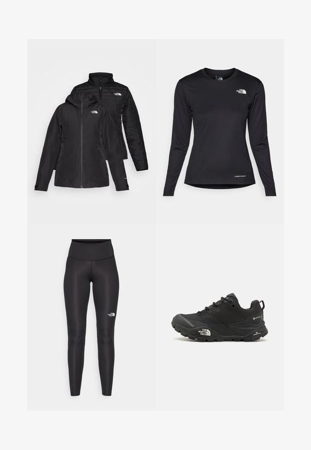 Black two-in-one jacket featuring a waterproof outer layer with a hood and a quilted inner layer. Both layers have zip closures and logos.; The North Face SHADOW LONG SLEEVE - Long sleeved top - black; High-waisted black leggings with a smooth, stretchy texture. Features a small white logo on the lower leg. Designed for athletic wear.; Black hiking shoe with a textured upper, lace closure, and a chunky rubber sole featuring a prominent logo on the side and tread patterns.