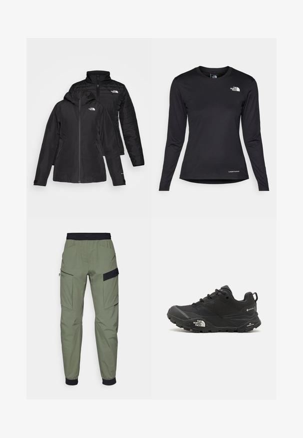 Schwarze Zwei-in-Eins-Jacke mit einer wasserdichten Außenlage und einer Kapuze sowie einer wattierten Innenlage. Beide Lagen verfügen über einen Reißverschluss und Logos.; The North Face SHADOW LONG SLEEVE - Langarmshirt - black; Cargo-Hosen in einem hellen Olivgrün, ausgestattet mit einem schwarzen elastischen Bund, zwei großen Seitentaschen und einem eleganten, wasserabweisenden Stoff.; Schwarzer Wanderschuh mit einer strukturierten Oberfläche, Schnürverschluss und einer massiven Gummisohle, die auf der Seite ein ausgeprägtes Logo sowie Profilmuster zeigt.