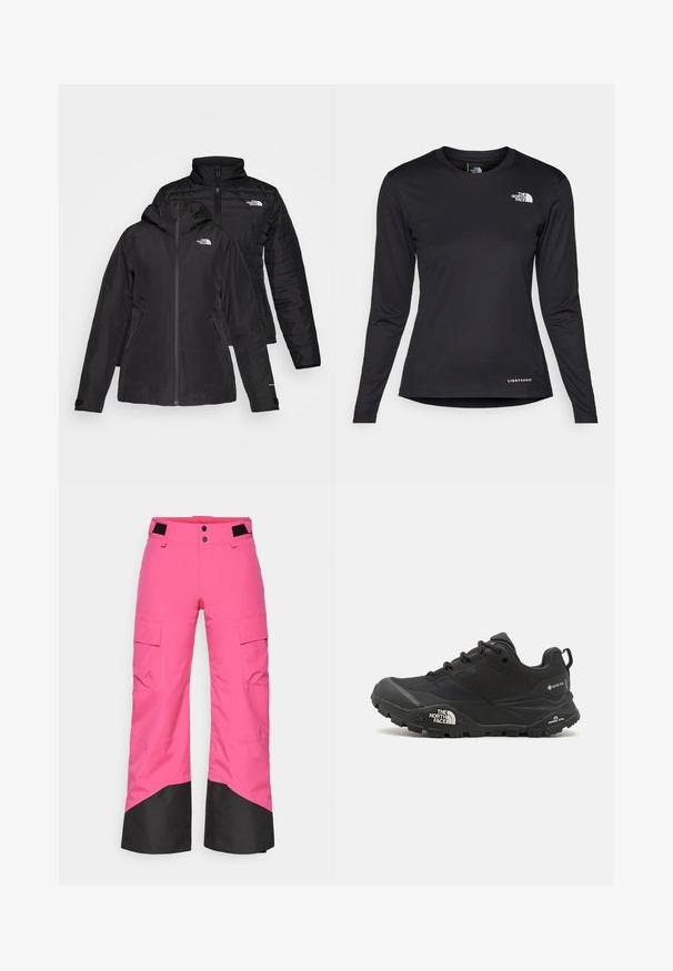 Black two-in-one jacket featuring a waterproof outer layer with a hood and a quilted inner layer. Both layers have zip closures and logos.; The North Face SHADOW LONG SLEEVE - Long sleeved top - black; Pink ski pants with a black lower portion, made of durable material. Features cargo pockets and a wide leg design for comfort and mobility.; Black hiking shoe with a textured upper, lace closure, and a chunky rubber sole featuring a prominent logo on the side and tread patterns.