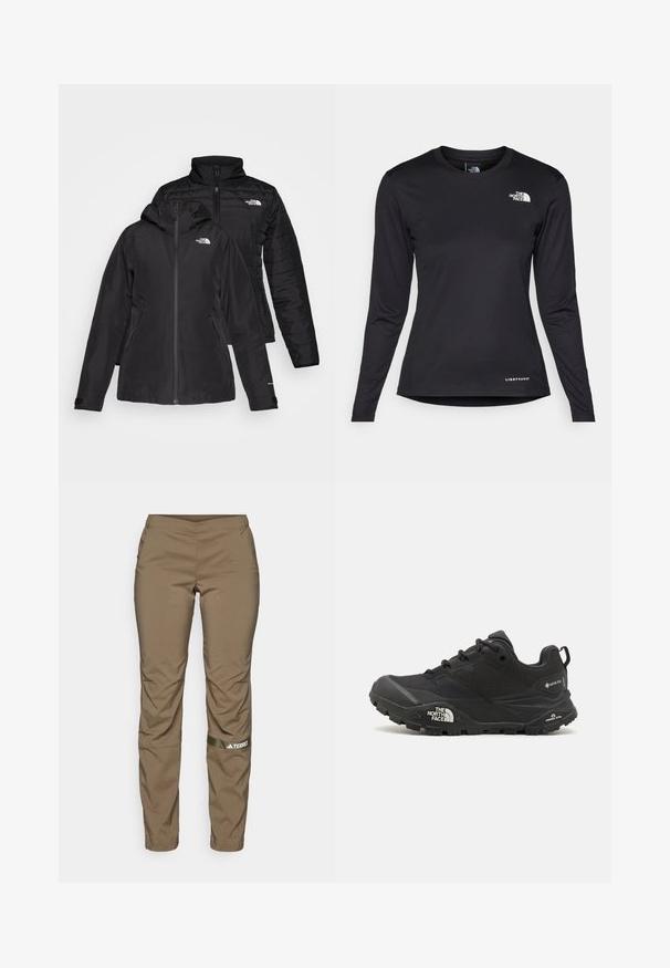 Musta kaksiosainen takki, jossa on vedenpitävä ulkokerros hupun kanssa ja käsitelty sisäkerros. Molemmissa kerroksissa on vetoketju ja logot.; The North Face SHADOW LONG SLEEVE - Pitkähihainen paita - black; adidas Terrex TERREX MULTI WOVEN PANT - Ulkohousut - olive strata; Musta vaelluskengä, jossa on teksturoitu päällinen, nauhakiinnitys ja paksu kumipohja, jossa on näkyvä logo sivulla ja kavennuskuviointi.