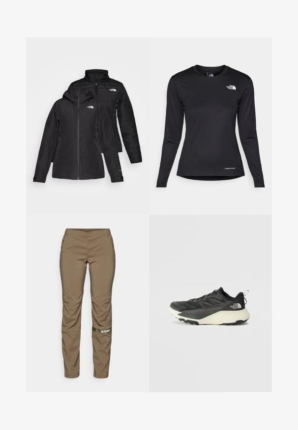 Melnā divu vienā jakā ir ūdensnecaurlaidīgs ārējais slānis ar kapuci un quiltēts iekšējais slānis. Abiem slāņiem ir rāvējslēdzēju aizdare un logotipi.; The North Face SHADOW LONG SLEEVE - Tops ar garām piedurknēm - black; adidas Terrex TERREX MULTI WOVEN PANT - Āra bikses - olive strata; Melna sporta kurpe ar teksturētu augšdaļu, kurai ir pelēki akcenti un balts vidusdaļa. Ietver vilkšanas cilpu un izteiktu zīmola logo uz papēža.