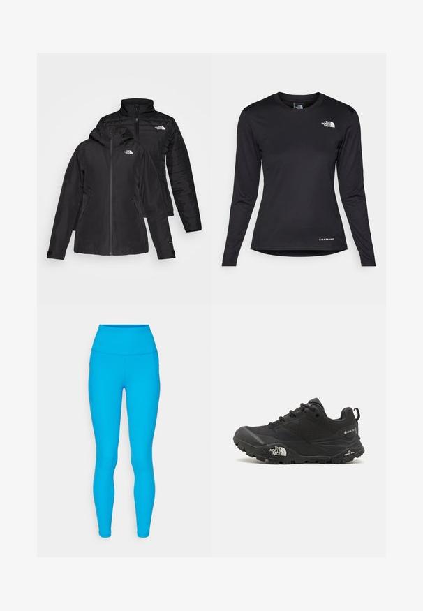 Musta kaksiosainen takki, jossa on vedenpitävä ulkokerros hupun kanssa ja käsitelty sisäkerros. Molemmissa kerroksissa on vetoketju ja logot.; The North Face SHADOW LONG SLEEVE - Pitkähihainen paita - black; Athleta SALUTATION STASH 7/8 - Trikoot - caribana blue; Musta vaelluskengä, jossa on teksturoitu päällinen, nauhakiinnitys ja paksu kumipohja, jossa on näkyvä logo sivulla ja kavennuskuviointi.
