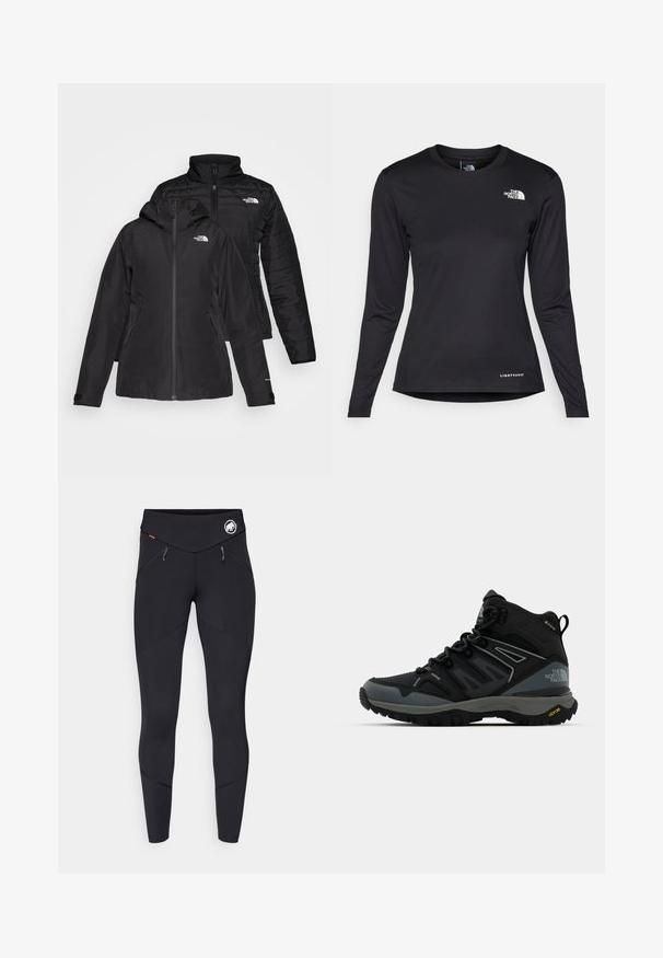 Svart to-i-én-jakke med et vanntett ytterlag og hette, samt et quiltet indre lag. Begge lagene har glidelåslukking og logoer.; The North Face SHADOW LONG SLEEVE - Topper langermet - black; Svart leggings laget av elastisk stoff, med høy midje, glidelåslommer og teksturert panel på sidene.; Mellomhøy tursko i svart og grått. Har en teksturert overdel, forsterket tå og Vibram såle for bedre grep. Lett design.