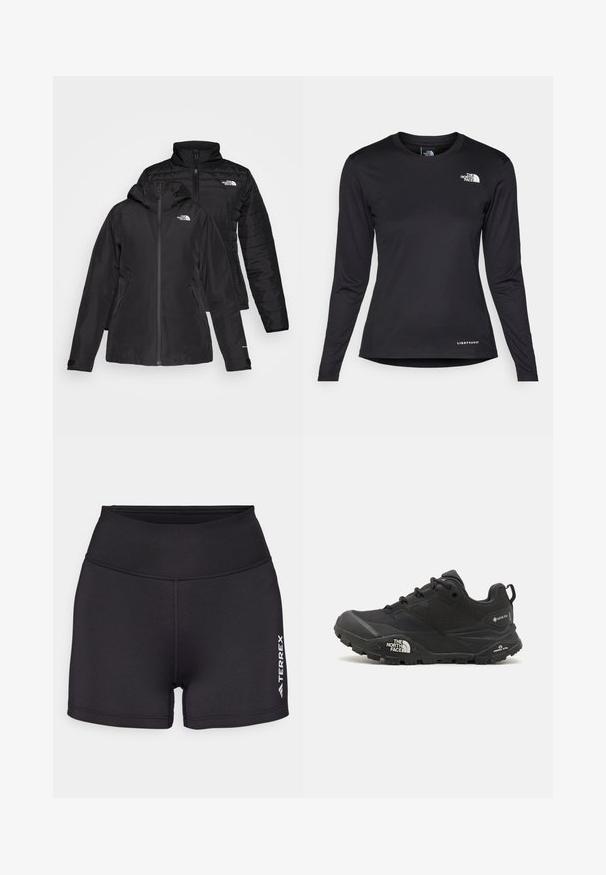 Črna jakna dva-v-enem, ki ima vodoodporen zunanji sloj s kapuco in prešito notranjo plast. Obe plasti imata zadrge in logotipe.; The North Face SHADOW LONG SLEEVE - Majica z dolgimi rokavi - black; Črne atletske kratke hlače, izdelane iz gladkega, raztegljivega materiala, z visokim pasom. Imajo bel logotip "TERREX" na spodnji desni strani.; Črne pohodne čevlje z teksturirano zgornjim delom, vezalnim zapiranjem in masivnim gumijastim podplatom, ki ima opazen logotip na strani in vzorce profila.