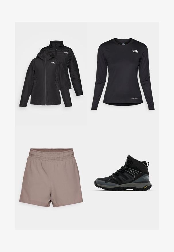 Fekete, két az egyben dzseki, vízálló külső résszel, kapucnival és bélelt belső résszel. Mindkét réteg cipzáros záródással és logókkal rendelkezik.; The North Face SHADOW LONG SLEEVE - Hosszú ujjú felső - black; Világosbarna, sima anyagból készült rövidnadrág, rugalmas derékkal és laza illeszkedéssel, látható zsebek vagy díszítések nélkül.; Félmagas túrabakancs fekete és szürke színben. Jellemzője a texturált felsőrész, megerősített orr és Vibram talp a tapadás érdekében. Könnyű kialakítás.