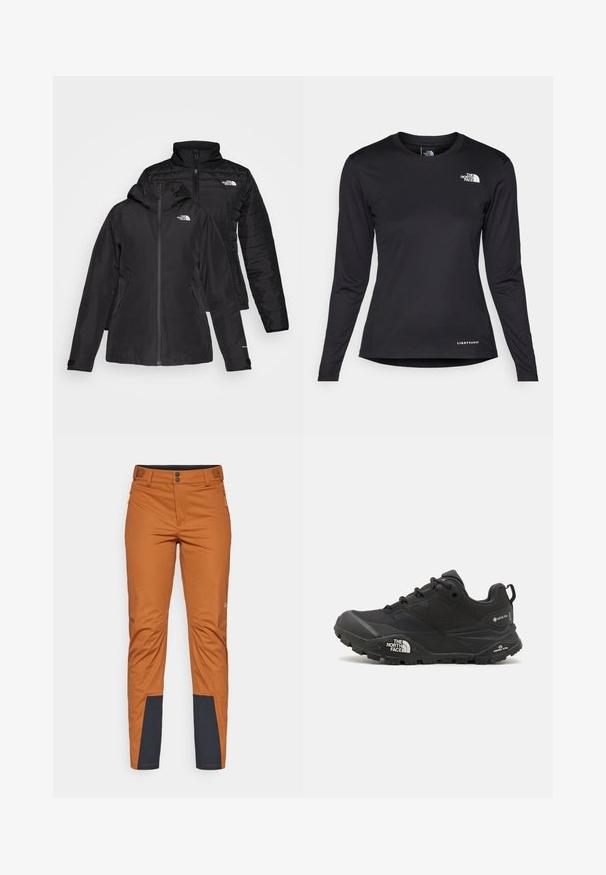 Must musta kahe-osaline jakk, millel on veekindel välimine kihte kapuutsiga ja sooja voodriga sisemine kihte. Mõlemal kihil on lukuga kinnitused ja logod.; The North Face SHADOW LONG SLEEVE - Pikkade varrukatega topp - black; Käikõlbmatud oranžid välispüksid sirge lõikega, millel on tumepunane aktsent alumiste jalgade juures, kaks ees olevat lukuga taskut ja nööpidega sulgemine.; Mustad matkajalanõud musta värvi, tekstuurse ülemise osa, paeltega kinnituse ja volüümika kummitald, millel on silmapaistev logo külgedel ja mustrimuster.