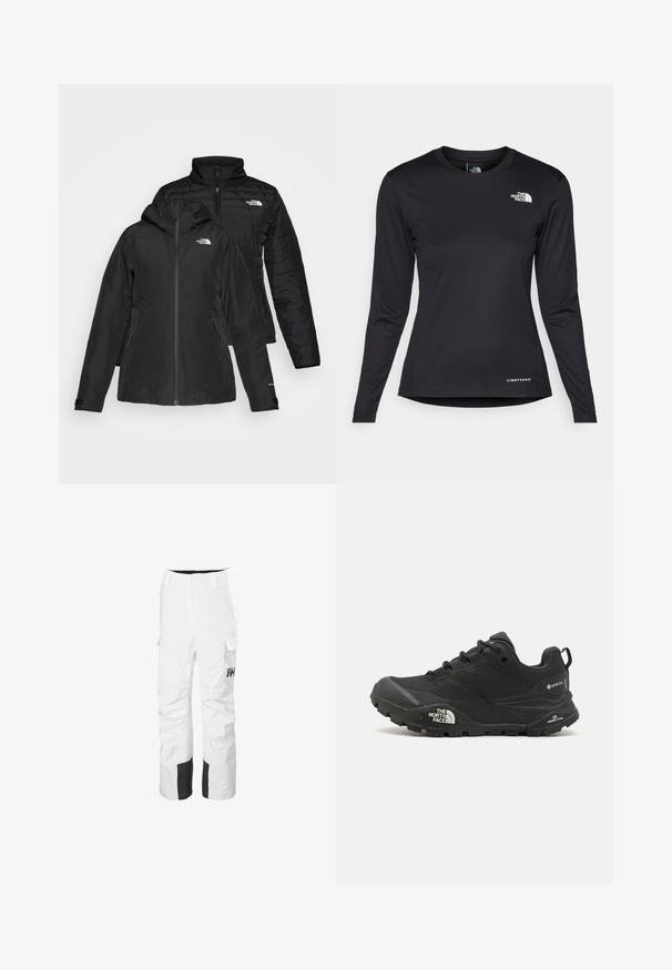 Chaqueta negra dos en uno con una capa exterior impermeable y capucha, y una capa interior acolchada. Ambas capas tienen cierres de cremallera y logotipos.; The North Face SHADOW LONG SLEEVE - Camiseta de manga larga - black; Pantalones de esquí blancos con detalles en negro, fabricados con material impermeable. Presentan bolsillos tipo cargador y un diseño de pierna recta. Logo en el muslo izquierdo.; Zapatilla de senderismo negra con parte superior texturizada, cierre de cordones y una suela de goma gruesa que presenta un logotipo prominente en el lado y patrones de tracción.