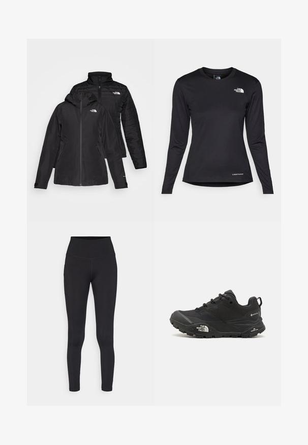 Casaco preto dois em um com uma camada externa à prova d'água e capuz, e uma camada interna acolchoada. Ambas as camadas têm fechos de zíp e logótipos.; The North Face SHADOW LONG SLEEVE - Camisola de manga comprida - black; Leggings pretas feitos de um tecido elástico com uma cintura alta, apresentando um bolso lateral e costuras planas para conforto e durabilidade.; Shoe de caminhada preto com um upper texturizado, fecho de atacador e uma sola de borracha robusta com um logótipo proeminente na lateral e padrões de piso.