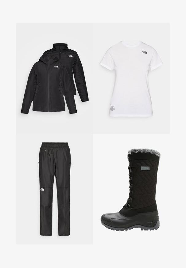 Czarna kurtka 2 w 1 z wodoodporną zewnętrzną warstwą z kapturem oraz pikowaną wewnętrzną warstwą. Obie warstwy mają zapięcia na zamek i logo.; Biała koszulka bawełniana z czarnym logo na lewej piersi i szarym graficznym wzorem w prawym dolnym rogu. Klasyczny okrągły dekolt i krótkie rękawy.; Czarne wodoodporne spodnie wykonane z lekkiego materiału, z elastycznym pasem, bocznymi kieszeniami i logo na lewym nogawce.; Czarne zimowe buty z teksturowanym materiałem na górze, sztucznym futrem na krawędzi, sznurówką z przodu i gumową podeszwą zapewniającą przyczepność. Posiadają wzór w zyg-zak.