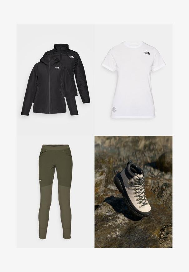 Musta kaksiosainen takki, jossa on vedenpitävä ulkokerros hupun kanssa ja käsitelty sisäkerros. Molemmissa kerroksissa on vetoketju ja logot.; Valkoinen puuvillapaita, jossa on musta logo vasemmassa rinnassa ja harmaa graafinen kuvio alareunassa oikealla. Klassinen pyöreä kaula-aukko ja lyhyet hihat.; Housut urheiluun oliivinvihreällä värillä, joissa on teksturoitu muotoilu, kaksi sivutaskua, tiukka istuvuus ja vetoketjulliset lahkeensuut säädettävillä aukkoilla.; Valkoinen vaaleanbeige vaelluskengät, joissa on musta kumipohja, joustava päällinen, metalliset silmukat ja harmaat nauhat, asetettuna kiviselle pinnalle.