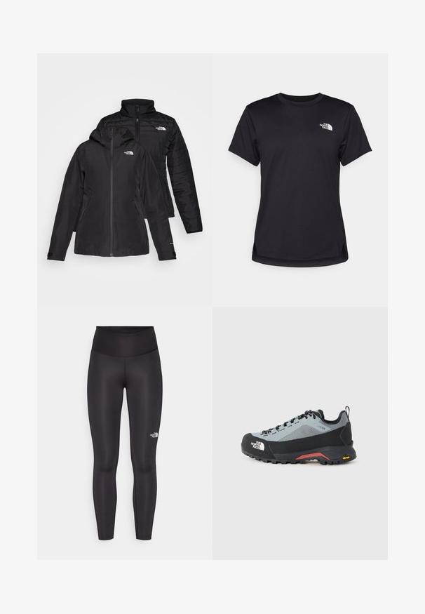 Musta kaksiosainen takki, jossa on vedenpitävä ulkokerros hupun kanssa ja käsitelty sisäkerros. Molemmissa kerroksissa on vetoketju ja logot.; The North Face FLEX SHORT SLEEVES TEE - Tekninen t-paita - black; Mustat legginsit, jotka on valmistettu sileästä ja venyvästä kankaasta. Korkea vyötärö, jossa on huomaamaton logo printti vasemmassa jalassa. Ei näkyviä saumoja.; Hiking kengät harmaana ja mustana Gore-Tex-päällä, vahvistetulla kärjellä ja Vibram-pohjalla, mustilla nauhoilla ja vetolikalla kantapäässä.