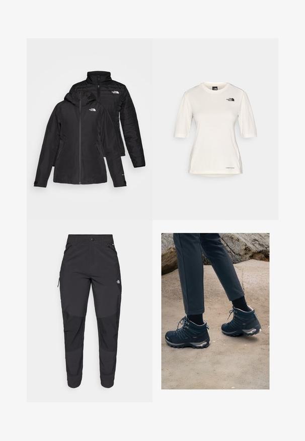 Čierna dvojvrstvová bunda s vodeodolnou vonkajšou vrstvou a kapucňou a prešívanou vnútornou vrstvou. Obe vrstvy majú zipsy a logá.; The North Face SHADOW SHORT SLEEVE - Športové tričko - white dune; Čierne vonkajšie nohavice vyrobené z odolného materiálu. Obsahujú vrecká na zips, zosilnené kolenné panely a rovný strih pre pohyblivosť.; Tmavo modré turistické topánky s textúrovanou sieťovinou, šnúrkami a gumovými podrážkami, v kombinácii s tmavými nohavicami, na piesočnato-kamenistom pozadí.