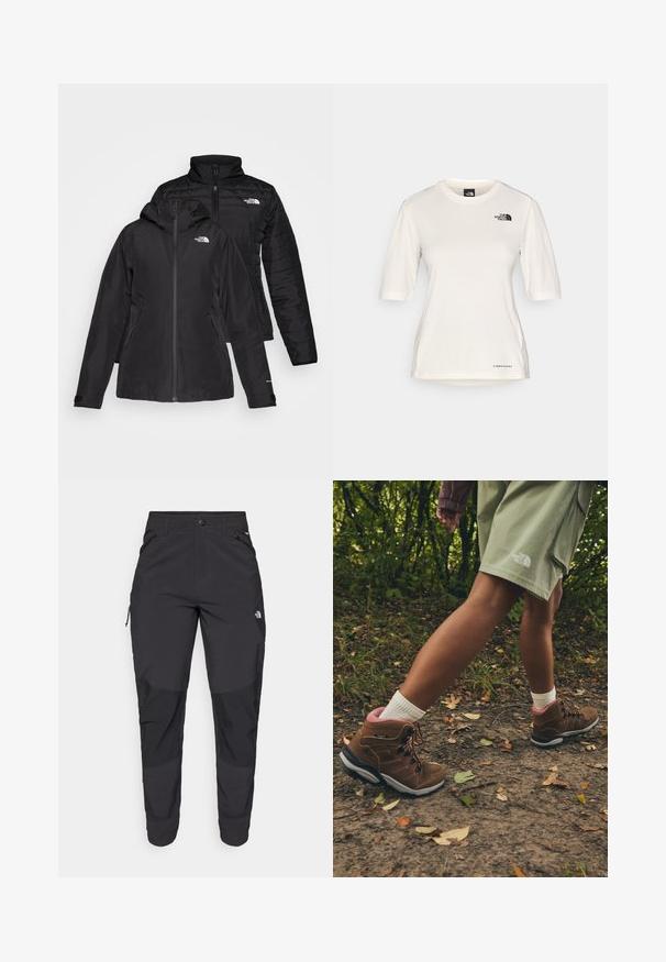 Musta kaksiosainen takki, jossa on vedenpitävä ulkokerros hupun kanssa ja käsitelty sisäkerros. Molemmissa kerroksissa on vetoketju ja logot.; The North Face SHADOW SHORT SLEEVE - Tekninen t-paita - white dune; Mustat ulkona käytettävät housut, jotka on valmistettu kestävästä kankaasta. Ominaisuuksiin kuuluvat vetoketjulliset taskut, vahvistetut polvilevyt ja suora leikkaus, joka mahdollistaa liikkuvuuden.; Jack Wolfskin REFUGIO PRIME TEXAPORE MID W - Vaelluskengät - fawn