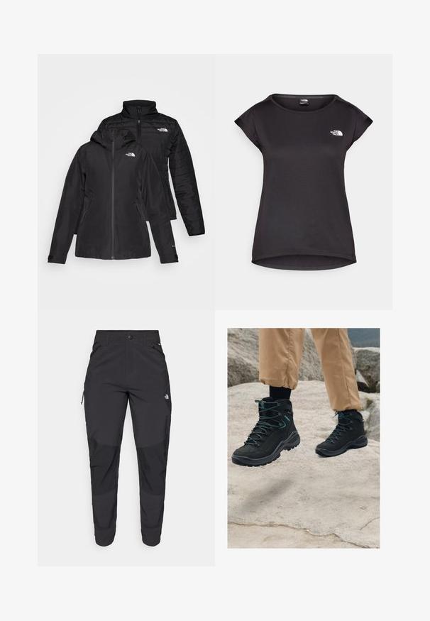 Sort to-i-én jakke med et vandtæt yderlag med hætte og et quiltet inderlag. Begge lag har lynlåslukninger og logoer.; The North Face TANKEN TANK - Sports T-shirts - black; Sorte udendørsbukser lavet af slidstærkt stof. Har lynlåslommer, forstærkede knæpaneler og en lige skæring for bedre bevægelighed.; Sorte vandrestøvler med tekstureret materiale, robust design, blå detaljer og slidstærke såler, placeret på klippeagtigt terræn.