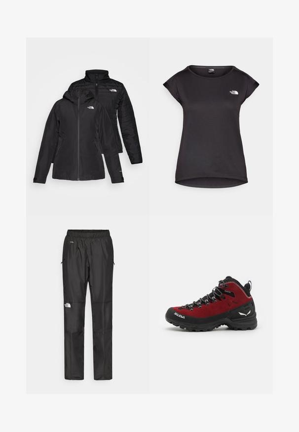 Musta kaksiosainen takki, jossa on vedenpitävä ulkokerros hupun kanssa ja käsitelty sisäkerros. Molemmissa kerroksissa on vetoketju ja logot.; The North Face TANKEN TANK - Tekninen t-paita - black; Mustat vettä hylkivät housut kevyestä kankaasta, joissa on joustava vyötärö, sivutaskut ja logo vasemmassa lahkeessa.; Punaiset ja mustat vaelluskengät, joissa on mokkanahkaa ja kumimateriaaleja, teksturoitu nauhoitus, vahvistettu varvaskuppi ja logo-detali tikkauksessa sekä pohjassa.