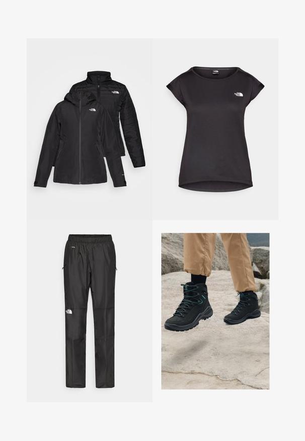 Black two-in-one jacket featuring a waterproof outer layer with a hood and a quilted inner layer. Both layers have zip closures and logos.; The North Face TANKEN TANK - Sports T-shirt - black; Black waterproof pants made from lightweight fabric, featuring an elastic waistband, side pockets, and a logo on the left leg.; Black hiking boots with textured material, sturdy design, blue accent details, and durable soles, positioned on rocky terrain.