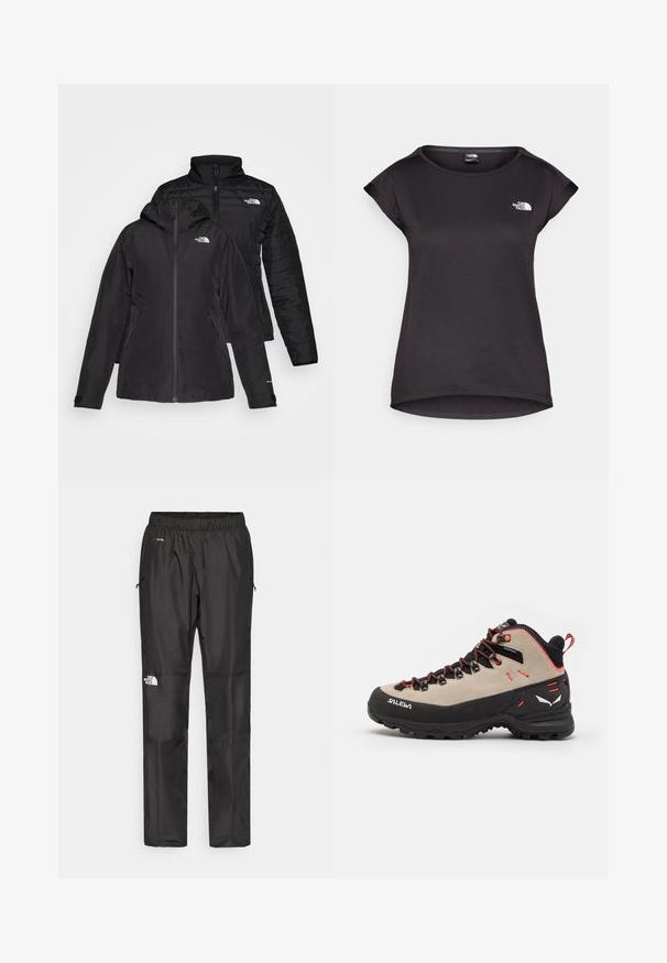 Svart två-i-ett-jacka med ett vattentätt ytterskikt som har huva och ett vadderat inre lager. Båda lagren har dragkedjor och logotyper.; The North Face TANKEN TANK - T-shirt till träning - black; Svarta vattentäta byxor i lättviktsmaterial, med elastisk midja, sidofickor och en logotyp på vänster ben.; Herrarnas vandringsskor med en beige mocka-överdel, svart gummisula, röda detaljer och snörning för säker passform.