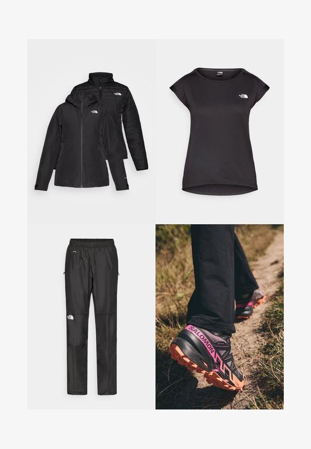 Črna jakna dva-v-enem, ki ima vodoodporen zunanji sloj s kapuco in prešito notranjo plast. Obe plasti imata zadrge in logotipe.; The North Face TANKEN TANK - Športne majice - black; Črne nepremočljive hlače iz lahkega materiala, z elastičnim pasom, stranskimi žepi in logotipom na levi nogi.; Salomon SPEEDCROSS 6 GTX - Trail tekaški čevlji - moonscape/black/bird of paradise