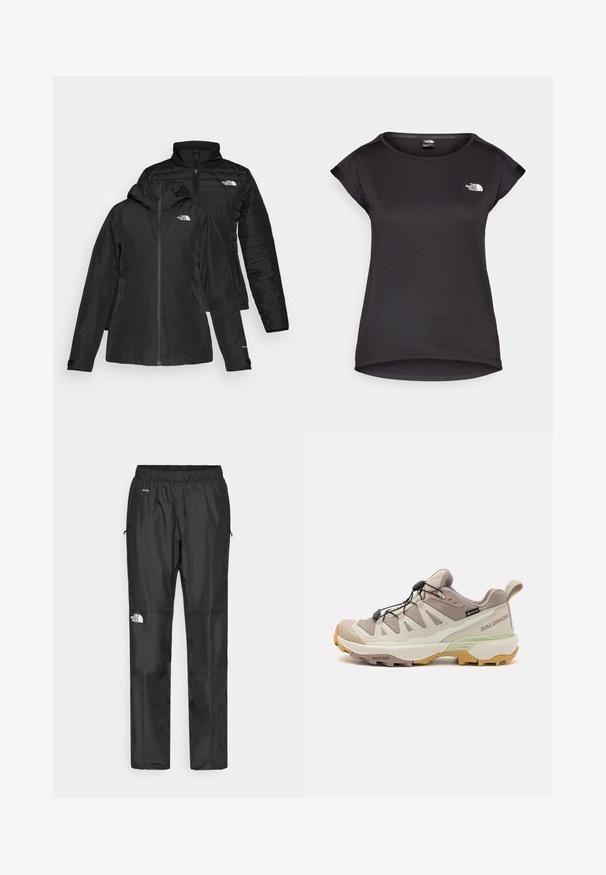 Black two-in-one jacket featuring a waterproof outer layer with a hood and a quilted inner layer. Both layers have zip closures and logos.; The North Face TANKEN TANK - Sports T-shirt - black; Black waterproof pants made from lightweight fabric, featuring an elastic waistband, side pockets, and a logo on the left leg.; Lightweight hiking shoe with a beige and mint green design. Textured upper, rubber outsole, quick lacing system, and contrasting yellow accents.
