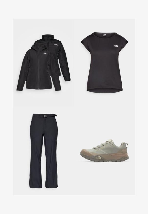 Fekete, két az egyben dzseki, vízálló külső résszel, kapucnival és bélelt belső résszel. Mindkét réteg cipzáros záródással és logókkal rendelkezik.; The North Face TANKEN TANK - Sportfelső - black; Fekete kültéri nadrág könnyű anyagból, állítható derékpánttal és övvel, valamint két első zsebbel. Kényelemre és hasznosságra tervezték.; Világosszürke sportcipő bézs kiegészítőkkel, szintetikus anyagból készült. Jellemzője a strapabíró talp, fűzős kialakítás, és a logó az oldalon.