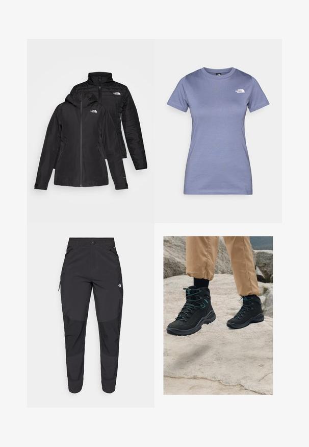 Black two-in-one jacket featuring a waterproof outer layer with a hood and a quilted inner layer. Both layers have zip closures and logos.; Light purple short-sleeve t-shirt made of cotton, featuring a round neckline and a small white logo on the chest. Smooth texture.; Black outdoor pants made of durable fabric. Feature zippered pockets, reinforced knee panels, and a straight cut design for mobility.; Black hiking boots with textured material, sturdy design, blue accent details, and durable soles, positioned on rocky terrain.