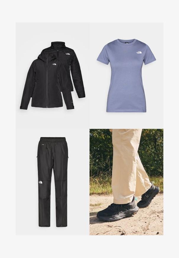 Fekete, két az egyben dzseki, vízálló külső résszel, kapucnival és bélelt belső résszel. Mindkét réteg cipzáros záródással és logókkal rendelkezik.; Világoslila, rövid ujjú pamut póló, kerek nyakkivágással és egy apró fehér logóval a mellrészen. Simább textúra.; Fekete vízálló nadrág könnyű anyagból, rugalmas derékkal, oldalsó zsebekkel és logóval a bal lábon.; Fekete túrázó cipők, texturált felsőrész, fűzős záródás és vastag talp, ami a Vibram logójával ellátott. Világos színű nadrággal viselve.