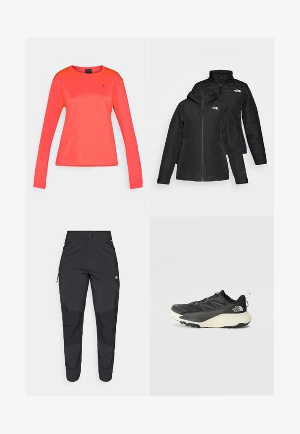 Musta kaksiosainen takki, jossa on vedenpitävä ulkokerros hupun kanssa ja käsitelty sisäkerros. Molemmissa kerroksissa on vetoketju ja logot.; Pitkähihaista urheilupaitaa kirkkaassa korallinvärisessä tekstuurikankaassa, pyöreä pääntie, rintamalla pieni musta logo, sopiva siluetti.; Mustat ulkona käytettävät housut, jotka on valmistettu kestävästä kankaasta. Ominaisuuksiin kuuluvat vetoketjulliset taskut, vahvistetut polvilevyt ja suora leikkaus, joka mahdollistaa liikkuvuuden.; Musta urheilukengä, jossa on teksturoitu päällinen, harmaita yksityiskohtia ja valkoinen välipohja. Sisältää vetotagin ja näkyvän tuotemerkin logon kantapäässä.