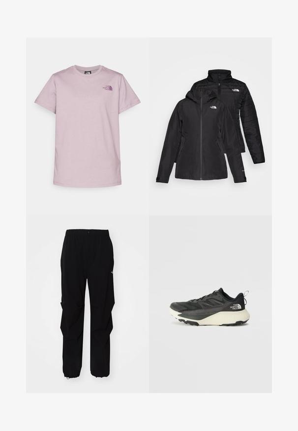 Čierna dvojvrstvová bunda s vodeodolnou vonkajšou vrstvou a kapucňou a prešívanou vnútornou vrstvou. Obe vrstvy majú zipsy a logá.; The North Face BOX RELAXED TEE - Tričko s potlačou - purple chalk/midnight mauve; Čierne vonkajšie nohavice vyrobené z odolného materiálu, s voľným strihom, elastickým pásom a sťahovacími manžetami pre nastaviteľnú dĺžku.; Čierna atletická obuv s textúrovaným vrchom, s šedými akcentmi a bielou medzipodrážkou. Obsahuje pútko a výrazné logo značky na päte.