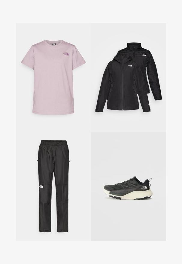 Melnā divu vienā jakā ir ūdensnecaurlaidīgs ārējais slānis ar kapuci un quiltēts iekšējais slānis. Abiem slāņiem ir rāvējslēdzēju aizdare un logotipi.; The North Face BOX RELAXED TEE - Apdrukāts T-krekls - purple chalk/midnight mauve; Melnas ūdensnecaurlaidīgas bikses, kas izgatavotas no viegla materiāla, ar elastīgu jostu, sānu kabatām un logotipu uz kreisās kājas.; Melna sporta kurpe ar teksturētu augšdaļu, kurai ir pelēki akcenti un balts vidusdaļa. Ietver vilkšanas cilpu un izteiktu zīmola logo uz papēža.