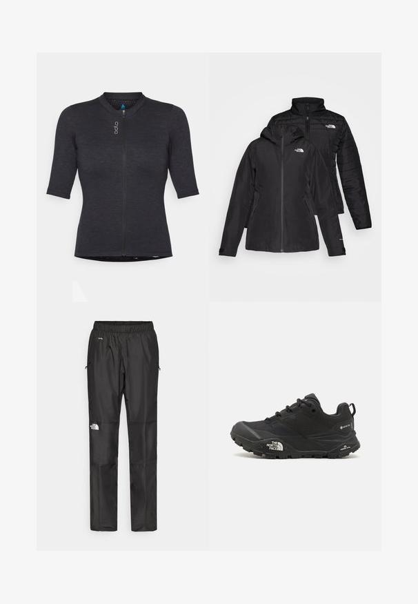 Juodas dvi viename džemperis, turintis nepralaidų išorinį sluoksnį su gobtuvu ir siuvinėtą vidinį sluoksnį. Abu sluoksniai turi užtrauktukų uždarymus ir logotipus.; Trumpas rankovėmis juodas sportinis marškinėliai, pagaminti iš tekstūruoto audinio; turi priekinį užtrauktuką ir apvalų iškirpimą su subtiliu logotipo detalėmis.; Juodi nepralaidūs vandeniui kelnių, pagamintų iš lengvos medžiagos, su elastingu juosmeniu, šoninėmis kišenėmis ir logotipu kairiajame šone.; Juodas žygio batelis su tekstūruotu viršumi, su raištelių uždarymu ir storu guminiu padu, ant šono išryškintas logotipas ir raštiškai išpjauti modeliai.