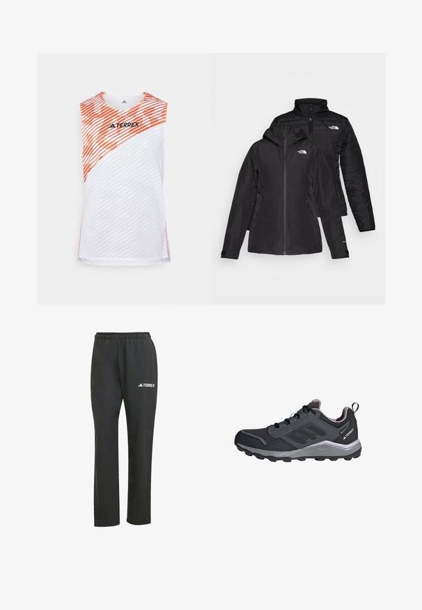 Czarna kurtka 2 w 1 z wodoodporną zewnętrzną warstwą z kapturem oraz pikowaną wewnętrzną warstwą. Obie warstwy mają zapięcia na zamek i logo.; Biała bezrękawnik sportowy z pomarańczowymi ukośnymi pasami, teksturowana powierzchnia i logo "TERREX" na górze z przodu.; Czarne lekkie spodnie z elastycznym paskiem w talii. Posiadają subtelne białe logo "TERREX". Gładki materiał i prosty krój nogawek.; Czarne buty sportowe z szarymi akcentami, syntetyczna siateczka na górze, amortyzowana podeszwa, system sznurowania oraz teksturowana podeszwa dla lepszej przyczepności.