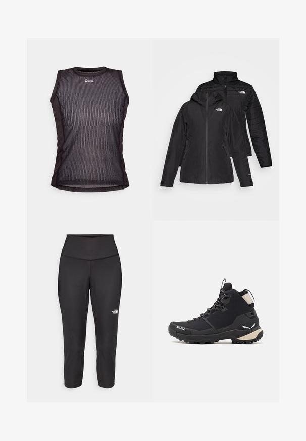 Crna dvoslojna jakna s vodootpornim vanjskim slojem s kapuljačom i podstavljenim unutarnjim slojem. Oba sloja imaju zatvarače i logotipe.; Crna majica bez rukava za sport sa mrežastim dizajnom, koja ima okrugli izrez i POC logo. Tkanina izgleda lagano i prozračno.; Crne capri tajice izrađene od rastezljivog materijala, s visokim strukom i malim bijelim logotipom s lijeve strane. Glatka tekstura.; Salewa PUEZ MID PTX - Obuća za pješačenje - black