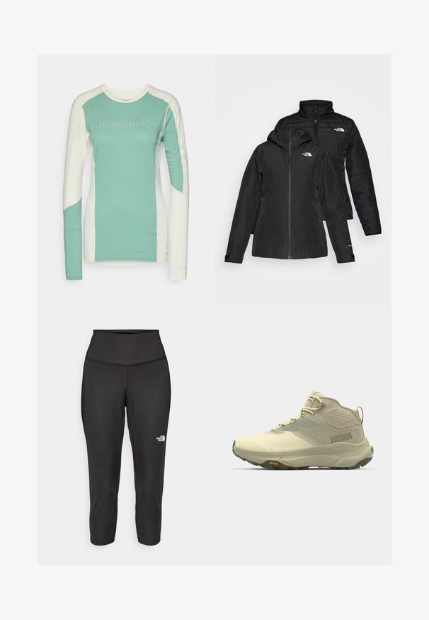 Black two-in-one jacket featuring a waterproof outer layer with a hood and a quilted inner layer. Both layers have zip closures and logos.; Long-sleeve shirt in mint green and cream, featuring a crew neck, contrasting side panels, and the "NORRØNA" logo in light gray.; Black capri leggings made from stretchy fabric, featuring a high waistband and a small white logo on the left side. Smooth texture.; Hoka hiking boot in light beige, featuring a textured upper, lace closure, and Vibram outsole. Distinctive side logo and supportive design.