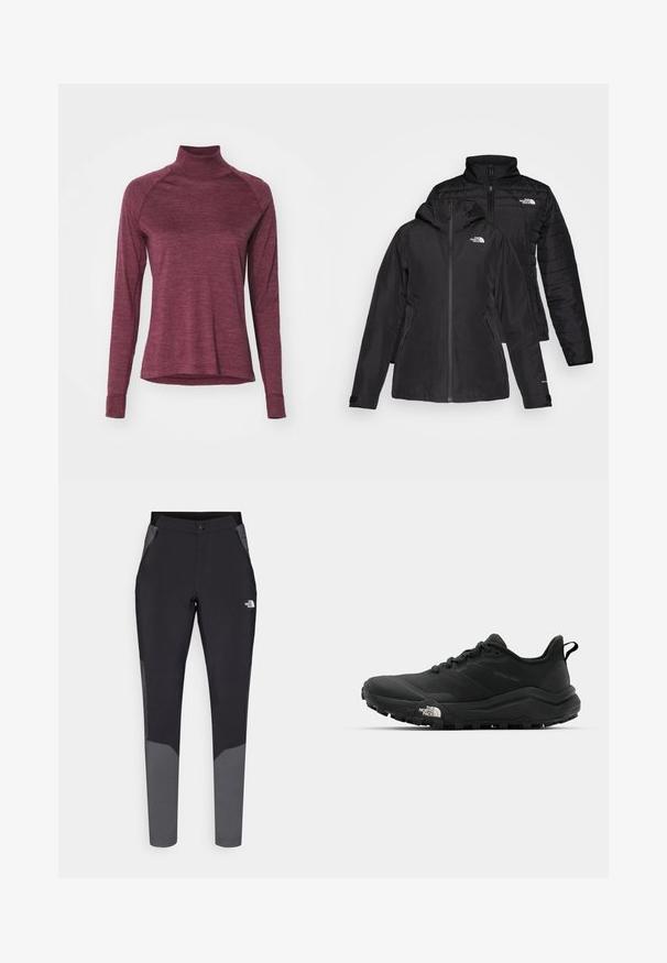 Schwarze Zwei-in-Eins-Jacke mit einer wasserdichten Außenlage und einer Kapuze sowie einer wattierten Innenlage. Beide Lagen verfügen über einen Reißverschluss und Logos.; Bordeauxfarbene Langarm-Turtleneck-Bluse mit Raglanärmeln und weichem Material. Verfügt über einen abgerundeten Saum und eng anliegende Bündchen.; Schwarze Outdoor-Hosen mit grauen Akzenten, ausgestattet mit einem engen Schnitt, elastischem Bund, Reißverschlusstaschen und strapazierfähigem, leichtem Material.; The North Face OFFTRAIL VERSA - Hikingschuh - tnf black/tnf white