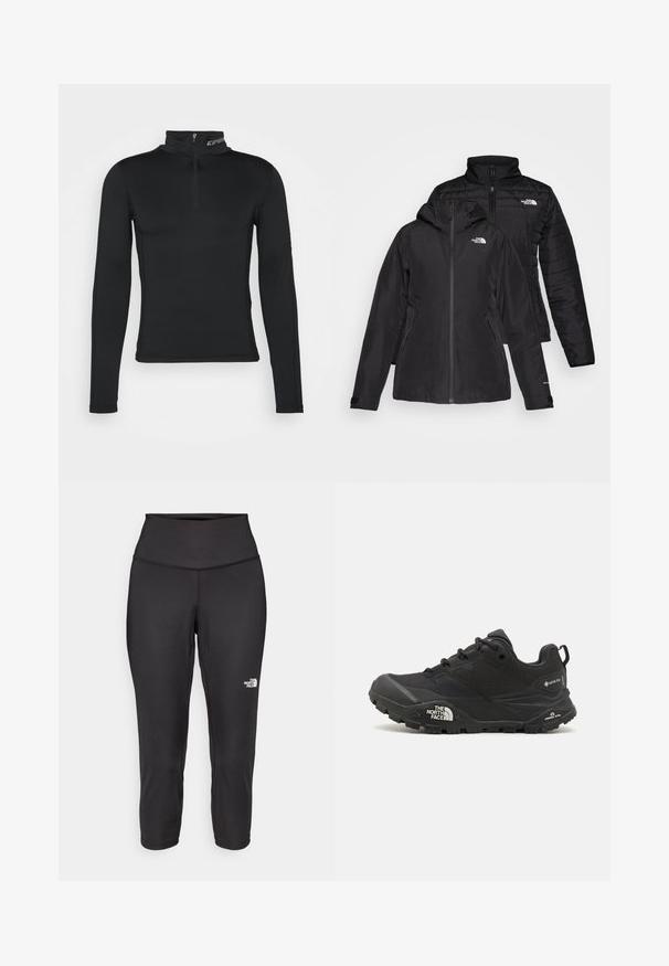 Jachetă neagră 2 în 1, cu un strat exterior impermeabil, dotat cu glugă și un strat interior căptușit. Ambele straturi au închidere cu fermoar și logo-uri.; Layer de bază cu mâneci lungi, negru, cu guler înalt și închidere cu fermoar pe un sfert. Textură netedă și design ajustat pentru o performanță optimizată.; Leggings capri negre din material elastic, cu un talie înaltă și un mic logo alb pe partea stângă. Textură netedă.; Shoe de drumeții de culoare neagră cu un suprafață texturată, închidere cu șire, și o talpă din cauciuc masivă, având un logo proeminent pe lateral și modele de bandă.