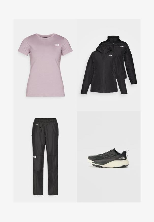 Juodas dvi viename džemperis, turintis nepralaidų išorinį sluoksnį su gobtuvu ir siuvinėtą vidinį sluoksnį. Abu sluoksniai turi užtrauktukų uždarymus ir logotipus.; The North Face W SS SD SLIM TEE - Paprasti marškinėliai - purple chalk; Juodi nepralaidūs vandeniui kelnių, pagamintų iš lengvos medžiagos, su elastingu juosmeniu, šoninėmis kišenėmis ir logotipu kairiajame šone.; Juodas sportinis batas su tekstūruota viršutine dalimi, su pilkomis detalėmis ir baltu viduriu. Apima pakėlimo juostelę ir ryškų prekės ženklo logotipą ant kulno.