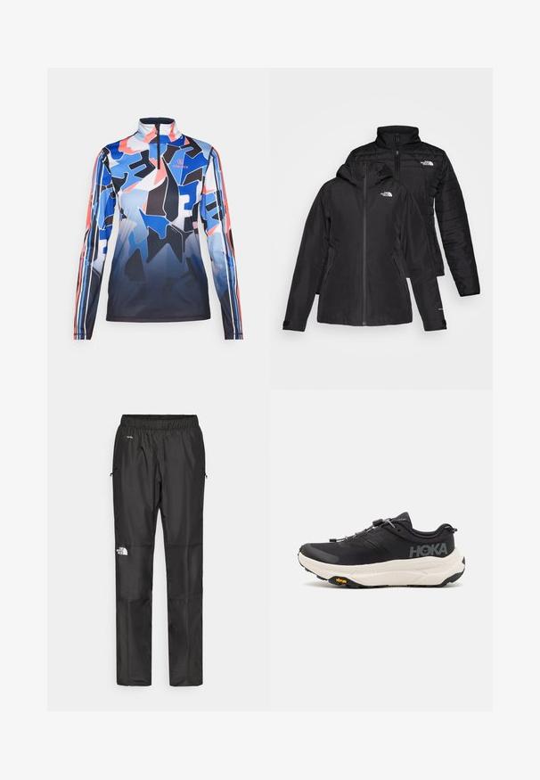 Črna jakna dva-v-enem, ki ima vodoodporen zunanji sloj s kapuco in prešito notranjo plast. Obe plasti imata zadrge in logotipe.; Bogner Fire + Ice Majica z dolgimi rokavi - multicolor; Črne nepremočljive hlače iz lahkega materiala, z elastičnim pasom, stranskimi žepi in logotipom na levi nogi.; Črne športne copate z zračnim mrežastim zgornjim delom, gumijastim podplatom, belim blažilnim srednjim podplatom in odbojnimi vezalkami. Vibram logo na podplatu.