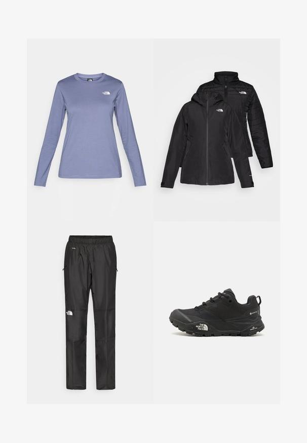 Schwarze Zwei-in-Eins-Jacke mit einer wasserdichten Außenlage und einer Kapuze sowie einer wattierten Innenlage. Beide Lagen verfügen über einen Reißverschluss und Logos.; Langärmliges Hemd aus helllila Stoff, mit Rundhalsausschnitt und dem weißen The North Face Logo auf der linken Brust. Glatte Textur, lässige Passform.; Schwarze wasserdichte Hose aus leichtem Material, mit elastischem Bund, Seitentaschen und einem Logo am linken Bein.; Schwarzer Wanderschuh mit einer strukturierten Oberfläche, Schnürverschluss und einer massiven Gummisohle, die auf der Seite ein ausgeprägtes Logo sowie Profilmuster zeigt.