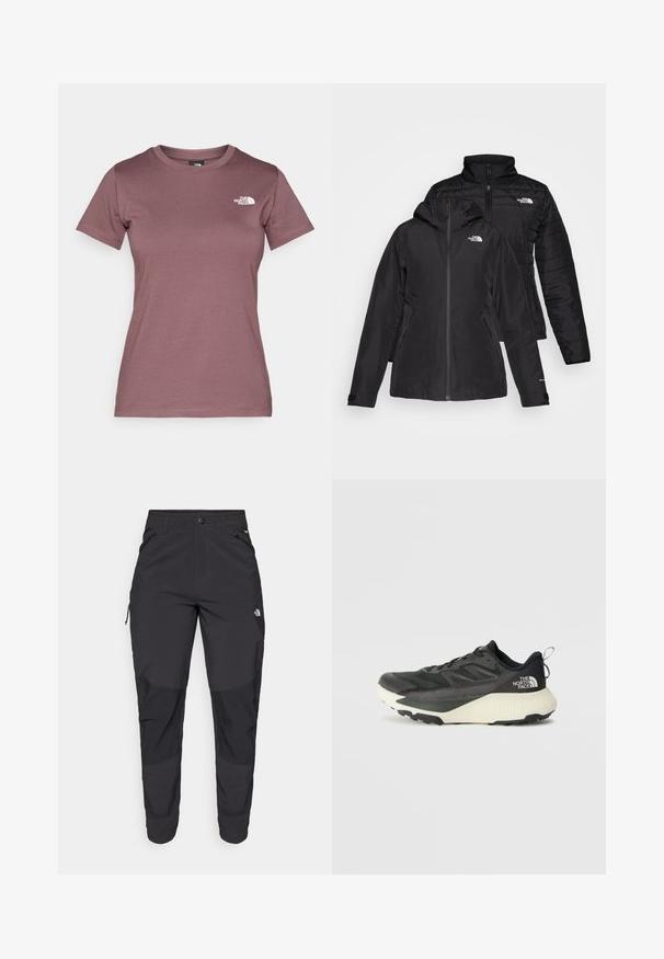 Giacca nera due in uno con uno strato esterno impermeabile dotato di cappuccio e uno strato interno trapuntato. Entrambi gli strati presentano chiusure con zip e loghi.; T-shirt a maniche corte, con collo rotondo in un colore mauve tenue, realizzato in tessuto morbido con un piccolo logo bianco sul lato sinistro del petto. Texture liscia.; Pantaloni neri da esterno realizzati in tessuto durevole. Presentano tasche con zip, pannelli rinforzati sulle ginocchia e un design a taglio dritto per la massima mobilità.; Scarpa da ginnastica nera con tomaia testurizzata, con accenti grigi e un sottopiede bianco. Include una linguetta sul retro e un logo del marchio ben visibile sul tallone.