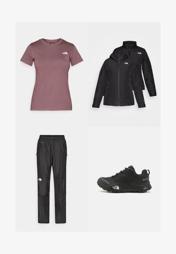 Črna jakna dva-v-enem, ki ima vodoodporen zunanji sloj s kapuco in prešito notranjo plast. Obe plasti imata zadrge in logotipe.; Majica s kratkimi rokavi in okroglim izrezom v umirjeni mauve barvi, narejena iz mehkega materiala z majhnim belim logotipom na levem prsnem delu. Gladka tekstura.; Črne nepremočljive hlače iz lahkega materiala, z elastičnim pasom, stranskimi žepi in logotipom na levi nogi.; Črne pohodne čevlje z teksturirano zgornjim delom, vezalnim zapiranjem in masivnim gumijastim podplatom, ki ima opazen logotip na strani in vzorce profila.