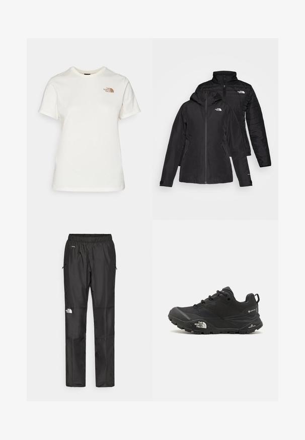 Čierna dvojvrstvová bunda s vodeodolnou vonkajšou vrstvou a kapucňou a prešívanou vnútornou vrstvou. Obe vrstvy majú zipsy a logá.; Bavlnené tričko v off-white s krátkymi rukávmi. Obsahuje logo "The North Face" v hnedej farbe na ľavej strane hrude. Klasický dizajn s okrúhlym výstrihom.; Čierne vodeodolné nohavice vyrobené z ľahkej tkaniny, s elastickým pásom, bočnými vreckami a logom na ľavom stehne.; Čierna turistická obuv s textúrovaným povrchom, šnurovaním a masívnou gumovou podrážkou, na strane so zreteľným logom a vzormi na protišmykovú trakciu.