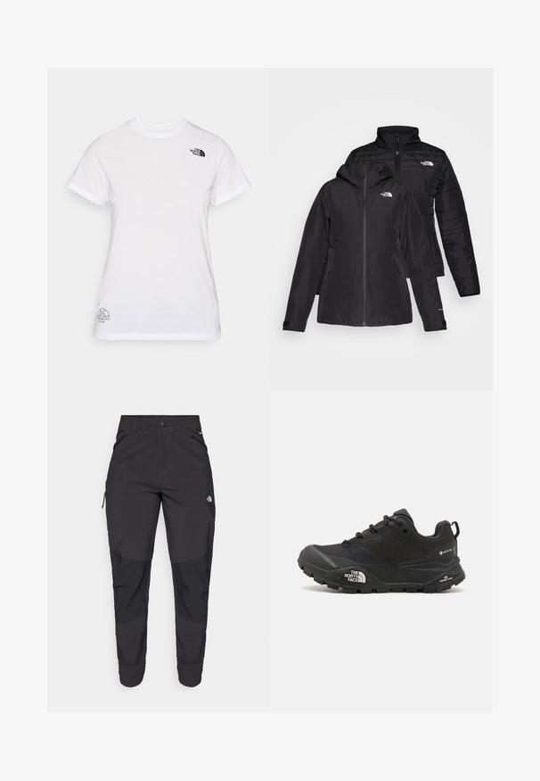 Must musta kahe-osaline jakk, millel on veekindel välimine kihte kapuutsiga ja sooja voodriga sisemine kihte. Mõlemal kihil on lukuga kinnitused ja logod.; Valge puuvillane T-särk, millel on must logo vasakul rinnal ja hall graafiline disain alumises paremas nurgas. Klassikaline ümar kaelus ja lühikesed varrukad.; Must black välitingimustes püksid, mis on valmistatud vastupidavast kangast. Omavad lukugaTaskuid, tugevdatud põlvepaneele ja sirget lõiget liikuvuse tagamiseks.; Mustad matkajalanõud musta värvi, tekstuurse ülemise osa, paeltega kinnituse ja volüümika kummitald, millel on silmapaistev logo külgedel ja mustrimuster.
